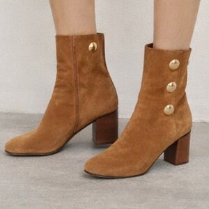 Chloe Tan Suede Heeled Boots with Gold Accents size 8